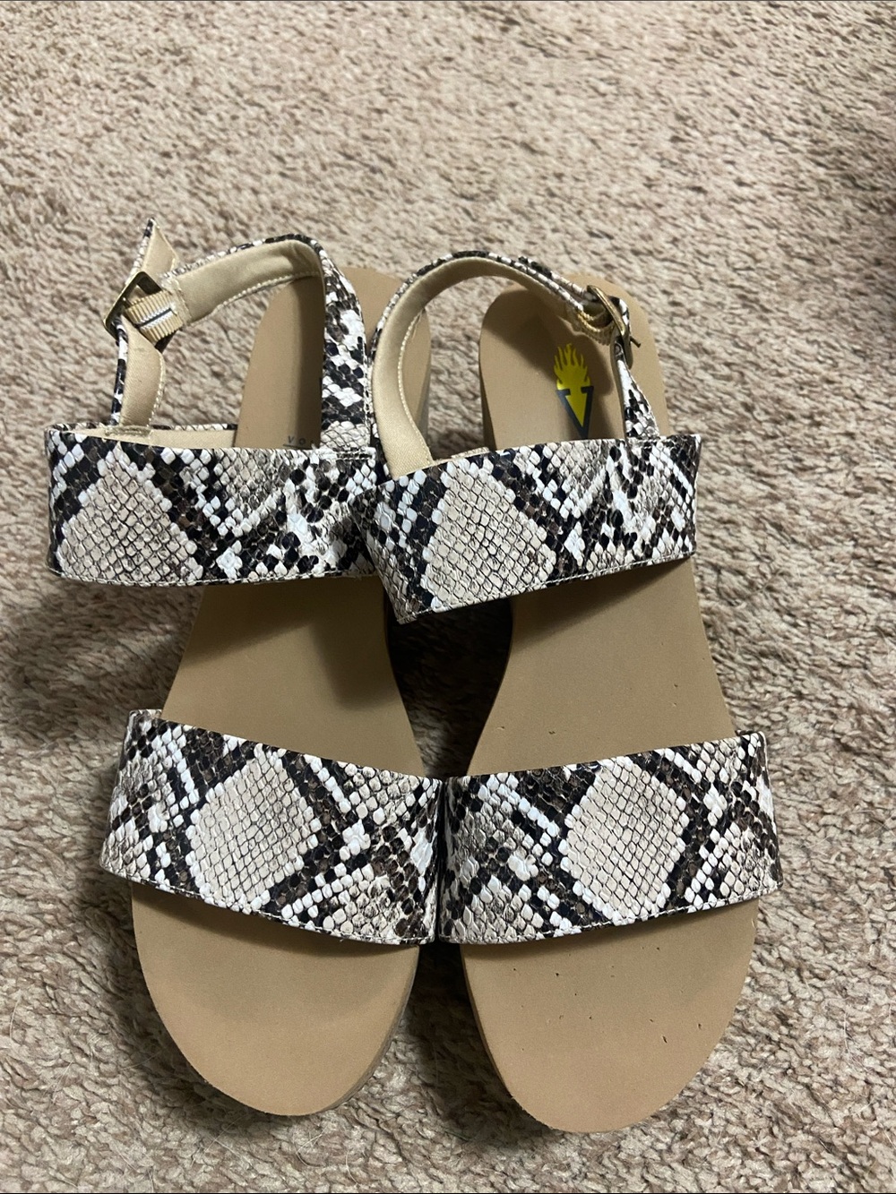 Volatile Snake-Print Double Strap Sandals in Beige and Black